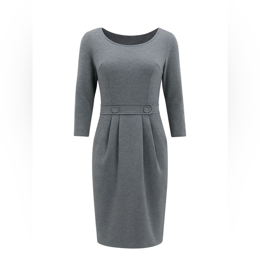 Flaw Tahari Gray Sheath Dress Size 6 3/4 Sleeve Belted Waist Tweed Material